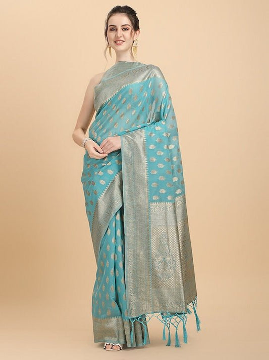 Women Blue Woven Design Chanderi Cotton Saree with Blouse Piece - Inddus.com