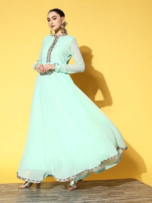 Women Blue Yoke Design Georgette Anarkali Kurta With Dupatta - Inddus.com