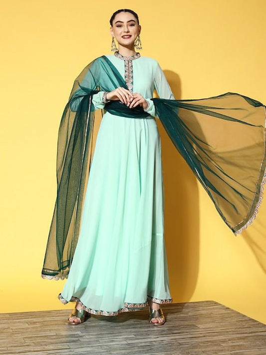 Women Blue Yoke Design Georgette Anarkali Kurta With Dupatta - Inddus.com