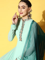 Women Blue Yoke Design Georgette Anarkali Kurta With Dupatta - Inddus.com