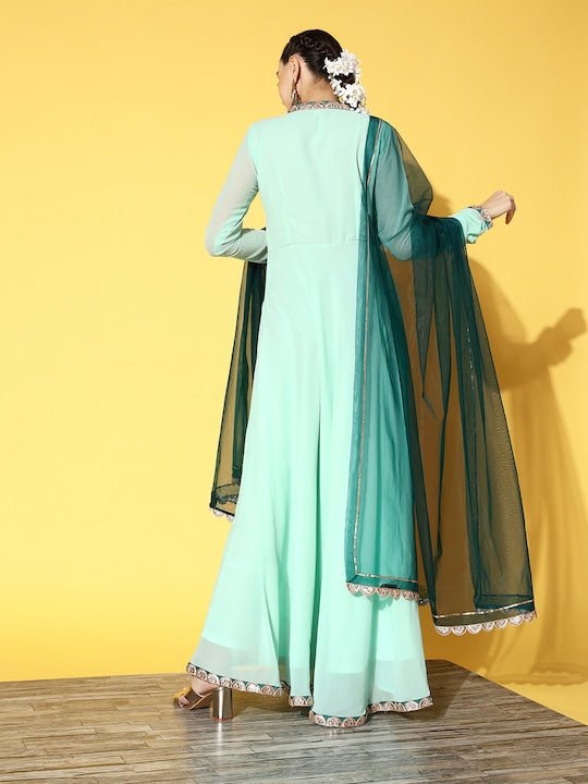 Women Blue Yoke Design Georgette Anarkali Kurta With Dupatta - Inddus.com