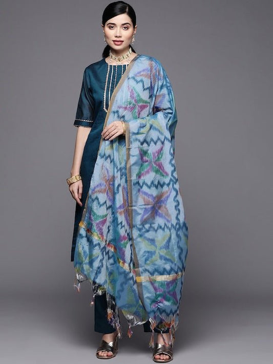 Women Blue Yoke Design Gotta Patti Chanderi Cotton Kurta with Trousers & With Dupatta - Inddus.com