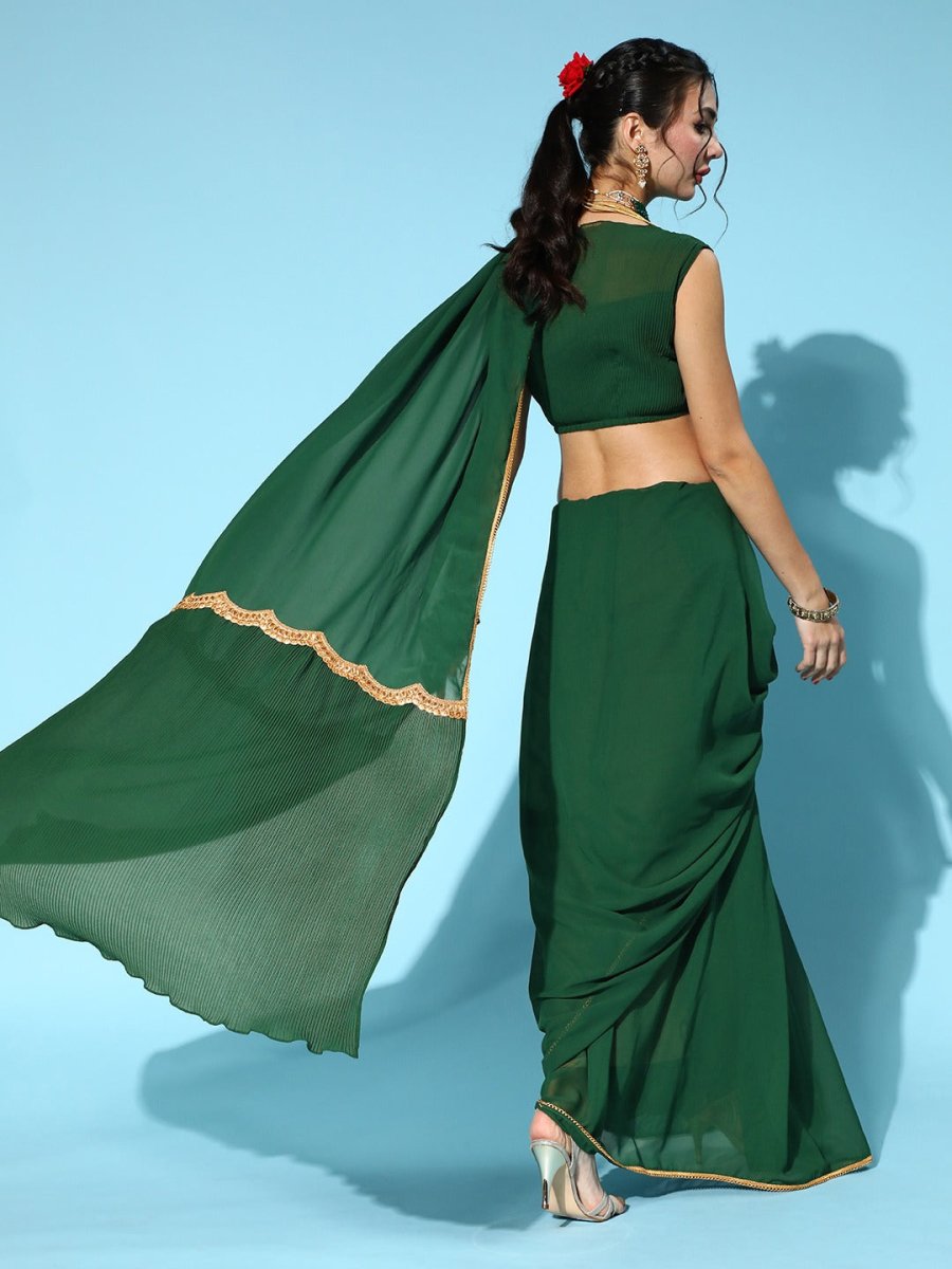 Women Bottle Green Solid Saree with Accordian Pleated Blouse & Pallu - Inddus.com