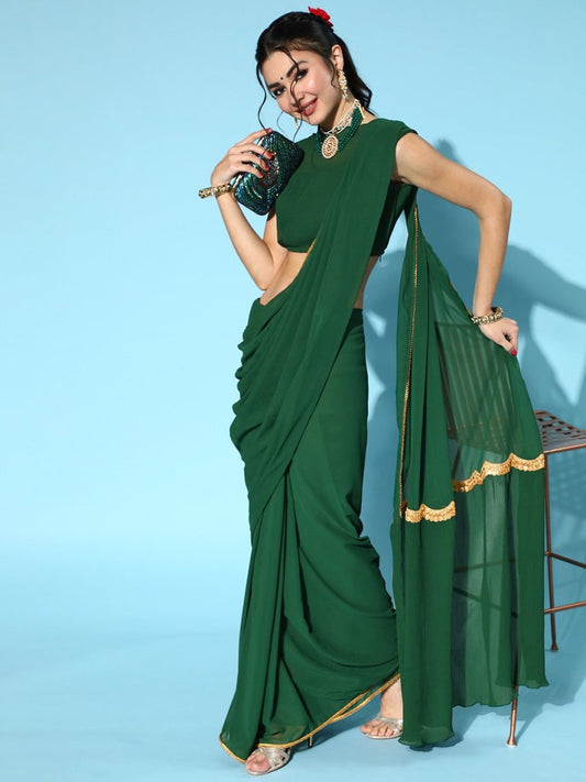 Women Bottle Green Solid Saree with Accordian Pleated Blouse & Pallu - Inddus.com