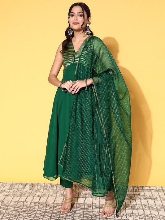 Women Bottle Green Woven Design Brocade Kurta with Trouser Dupatta - Inddus.com