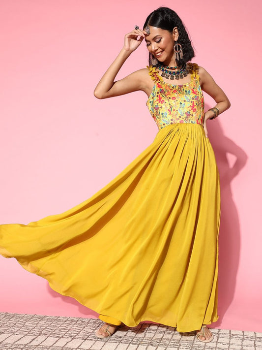 Women Bright Mustard Floral Ethereal Embroidery Dress - Inddus.com