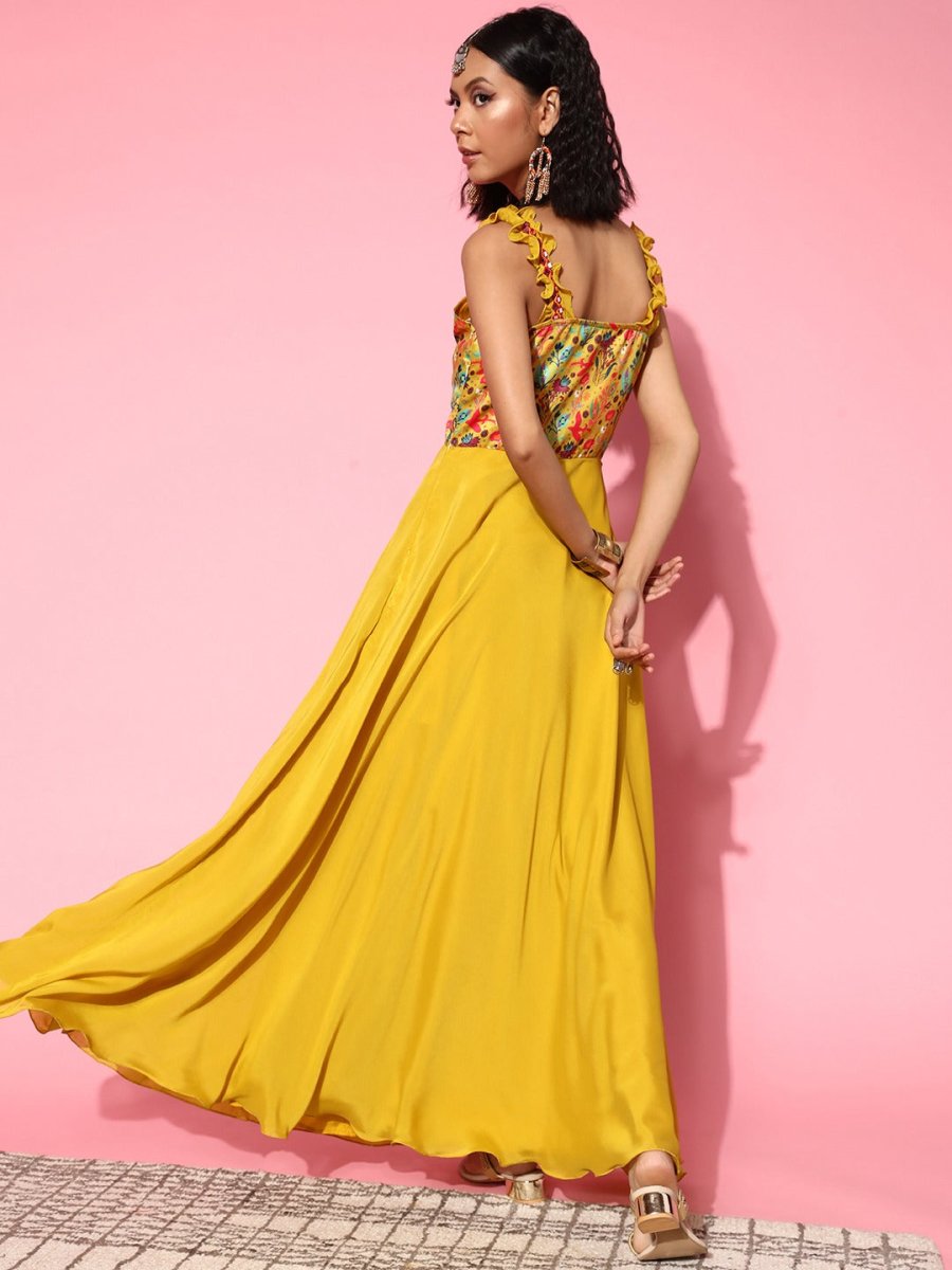 Women Bright Mustard Floral Ethereal Embroidery Dress - Inddus.com