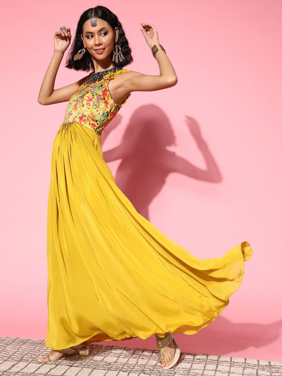 Women Bright Mustard Floral Ethereal Embroidery Dress - Inddus.com