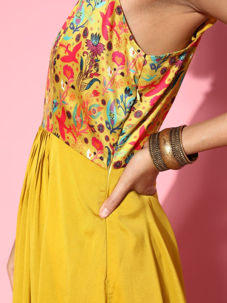 Women Bright Mustard Floral Ethereal Embroidery Dress - Inddus.com