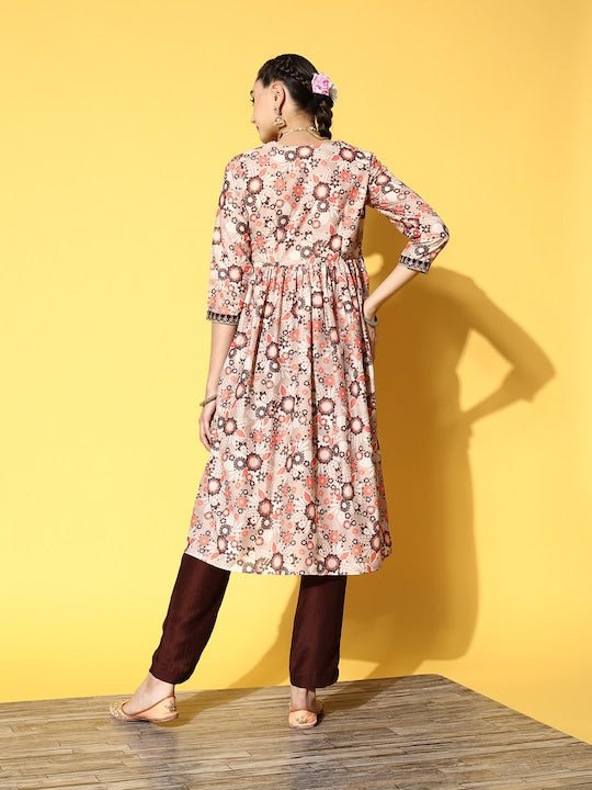 Women Brown Floral Printed Pleated Kurta with Trousers - Inddus.com