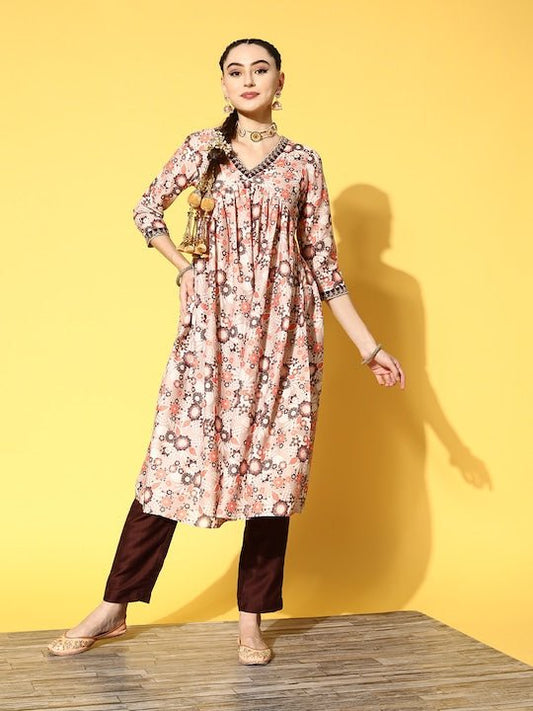 Women Brown Floral Printed Pleated Kurta with Trousers - Inddus.com