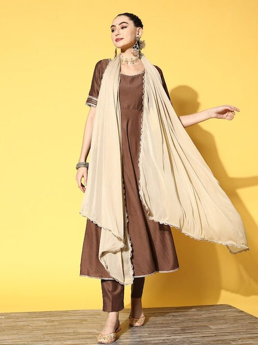 Women Brown Kurta with Trousers & With Dupatta - Inddus.com