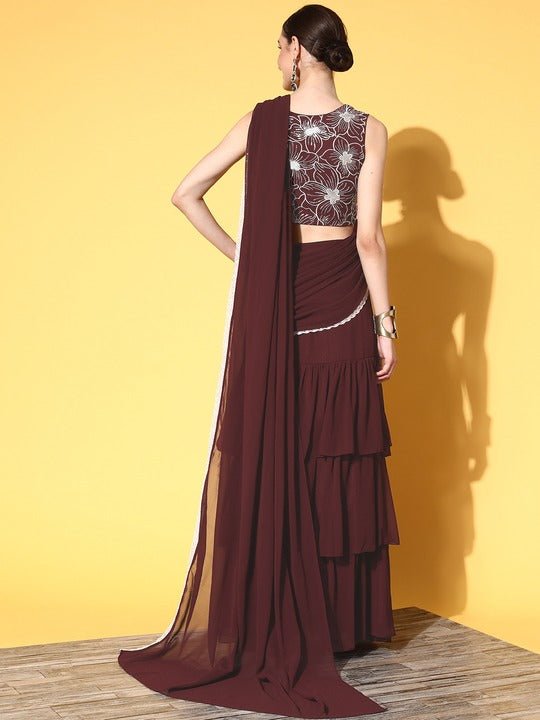 Women Brown Lehenga Drape Saree with Floral Embroidered Blouse Piece - Inddus.com