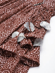 Women Brown & White Bandhani Printed Angrakha Kurta with Trousers - Inddus.com