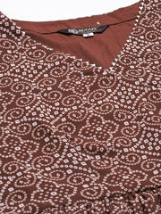 Women Brown & White Bandhani Printed Angrakha Kurta with Trousers - Inddus.com