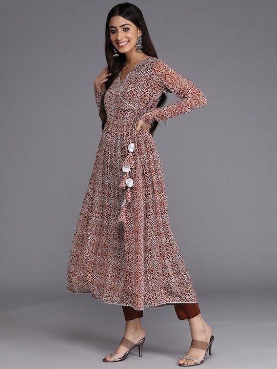 Women Brown & White Bandhani Printed Angrakha Kurta with Trousers - Inddus.com