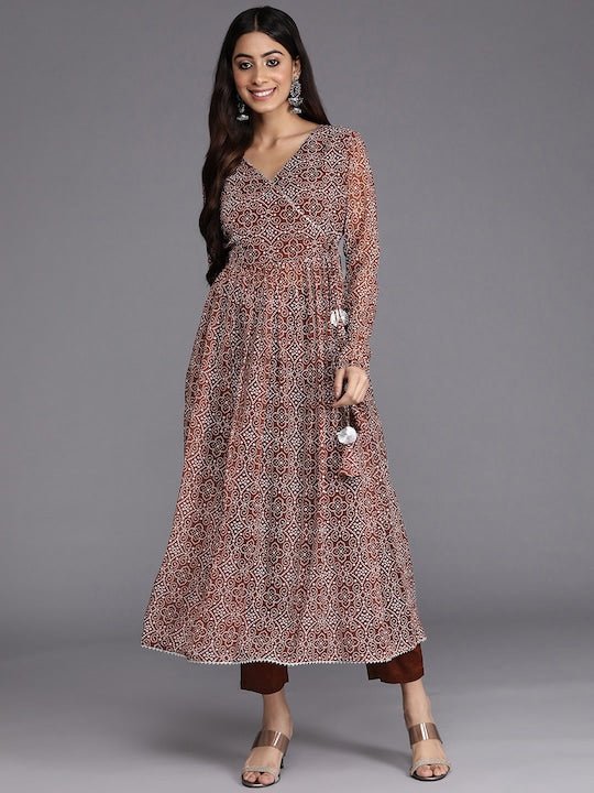 Women Brown & White Bandhani Printed Angrakha Kurta with Trousers - Inddus.com