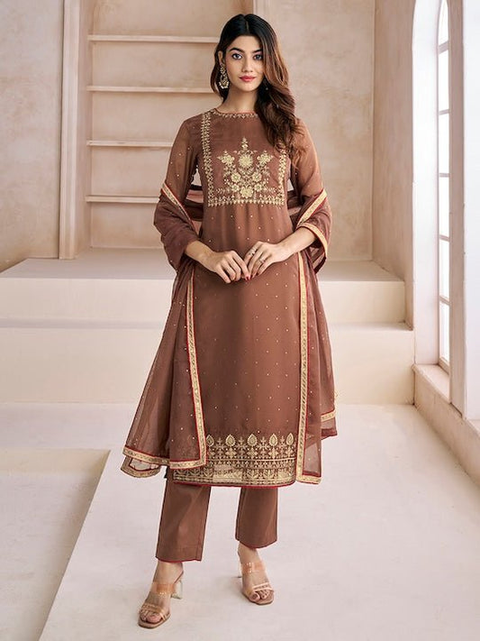 Women Brown Zari and Mukaish Embroidered Yoke Design Stright Kurta Set - Inddus.com