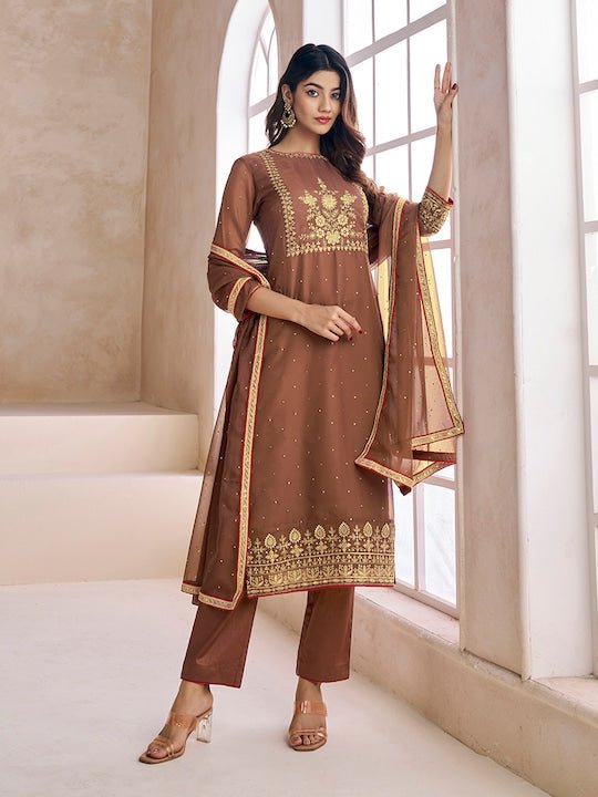 Women Brown Zari and Mukaish Embroidered Yoke Design Stright Kurta Set - Inddus.com