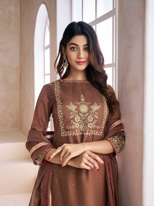 Women Brown Zari and Mukaish Embroidered Yoke Design Stright Kurta Set - Inddus.com