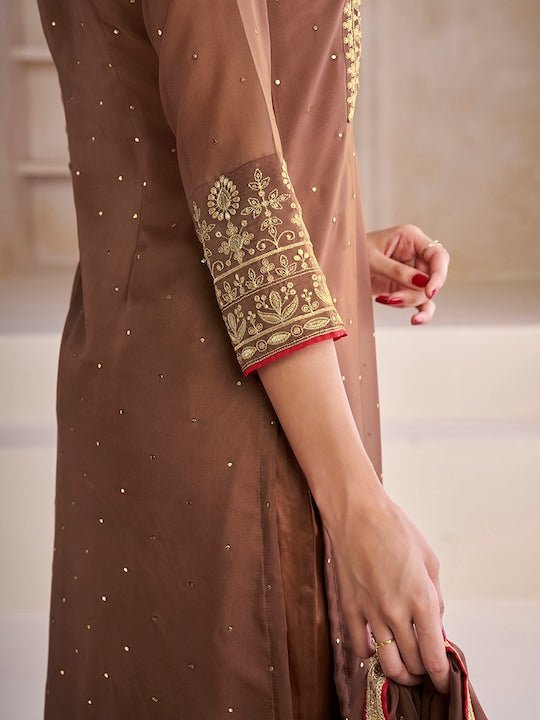 Women Brown Zari and Mukaish Embroidered Yoke Design Stright Kurta Set - Inddus.com