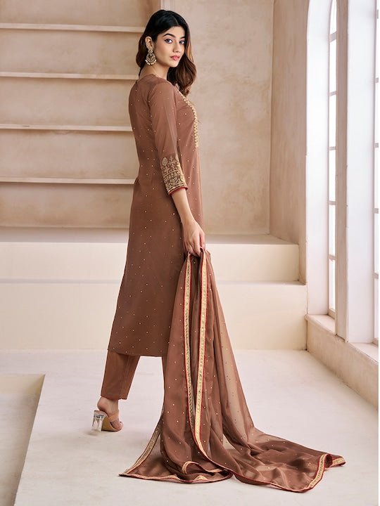 Women Brown Zari and Mukaish Embroidered Yoke Design Stright Kurta Set - Inddus.com