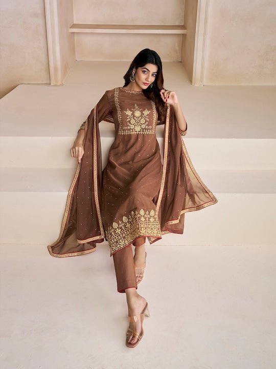 Women Brown Zari and Mukaish Embroidered Yoke Design Stright Kurta Set - Inddus.com