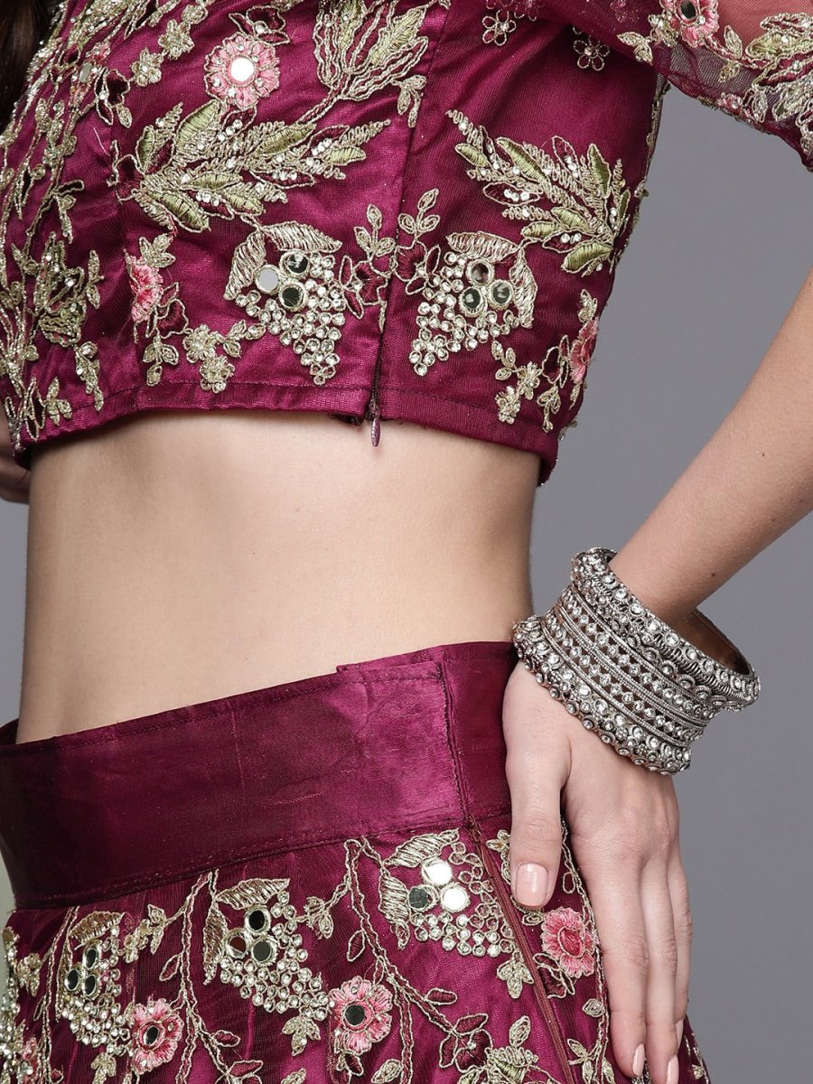 Women Burgundy Embroidered Semi-Stitched Lehenga & Unstitched Blouse With Dupatta - Inddus.com