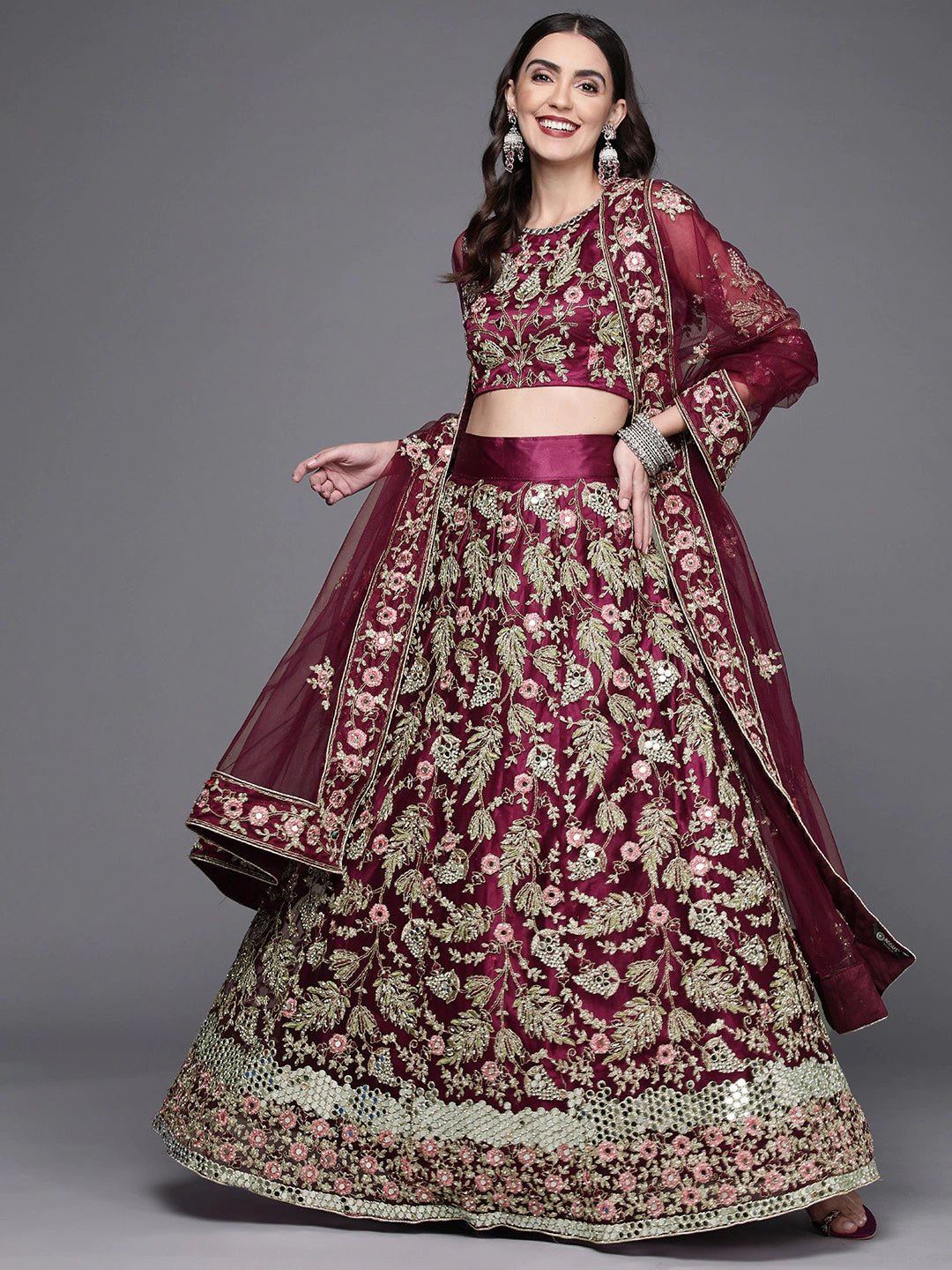 Women Burgundy Embroidered Semi-Stitched Lehenga & Unstitched Blouse With Dupatta - Inddus.com