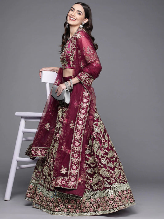 Women Burgundy Embroidered Semi-Stitched Lehenga & Unstitched Blouse With Dupatta - Inddus.com