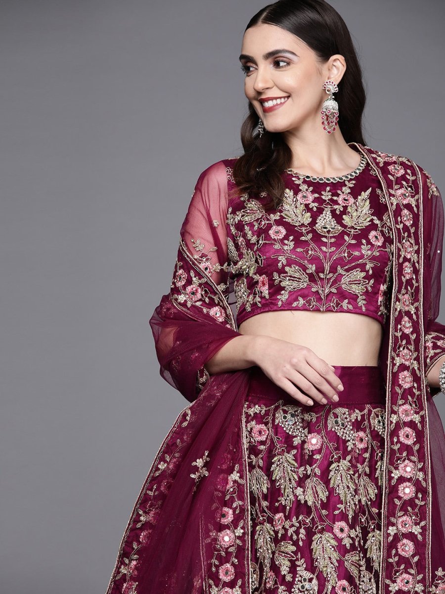 Women Burgundy Embroidered Semi-Stitched Lehenga & Unstitched Blouse With Dupatta - Inddus.com