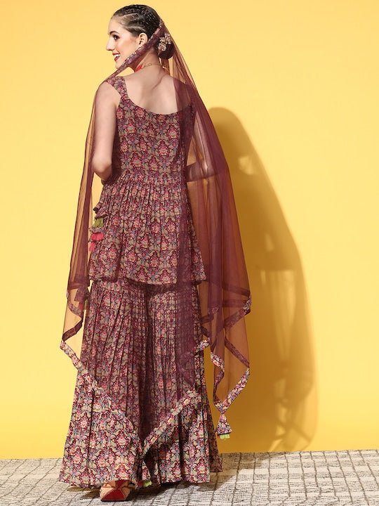 Women Burgundy Ethnic Motifs Printed Pleated Kurti with Sharara & Dupatta - Inddus.com