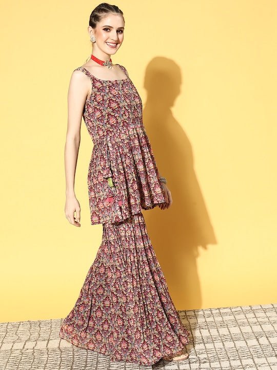 Women Burgundy Ethnic Motifs Printed Pleated Kurti with Sharara & Dupatta - Inddus.com