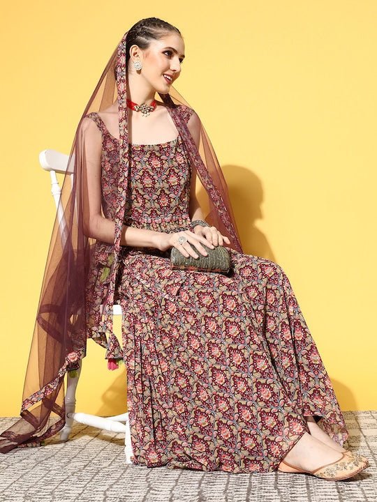 Women Burgundy Ethnic Motifs Printed Pleated Kurti with Sharara & Dupatta - Inddus.com