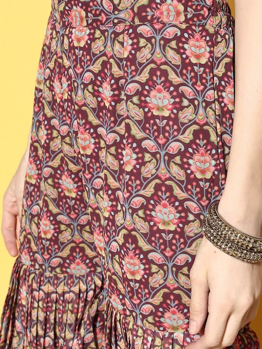 Women Burgundy Ethnic Motifs Printed Pleated Kurti with Sharara & Dupatta - Inddus.com