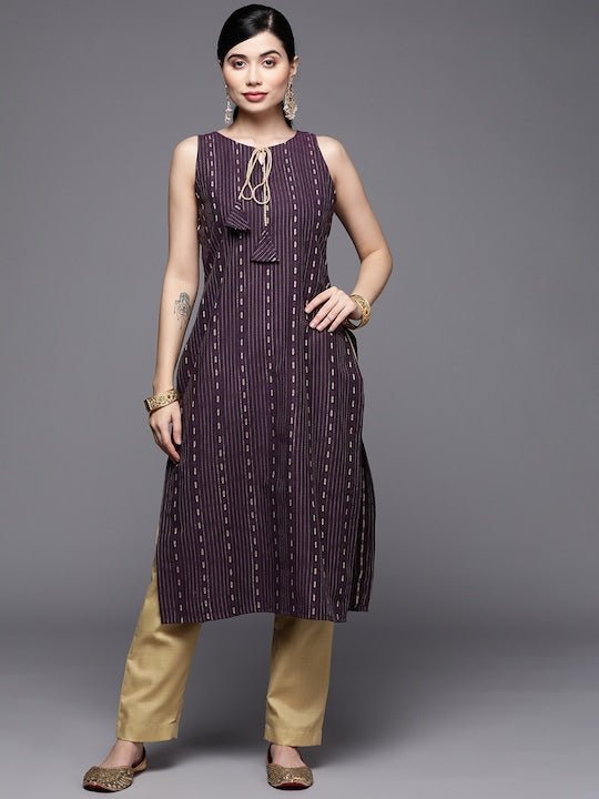 Women Burgundy & Gold-Toned Printed Kurta with Trousers - Inddus.com