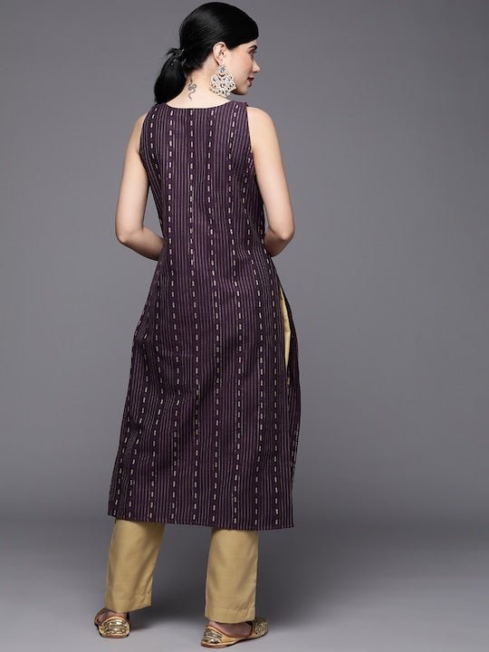 Women Burgundy & Gold-Toned Printed Kurta with Trousers - Inddus.com