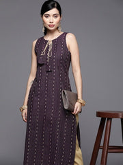 Women Burgundy & Gold-Toned Printed Kurta with Trousers - Inddus.com