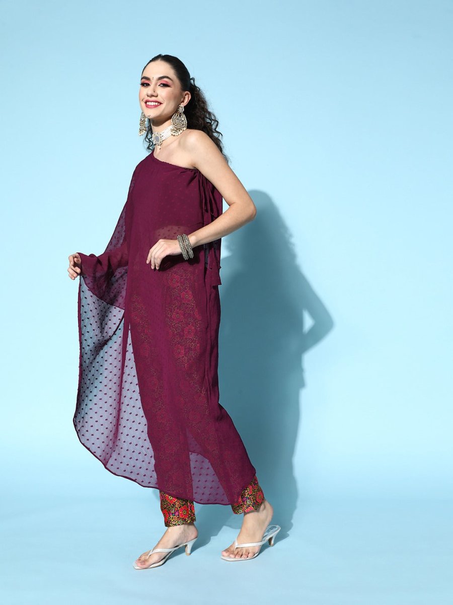 Women Burgundy Self Design Dobby Weave Fusion Kurta with Trousers - Inddus.com