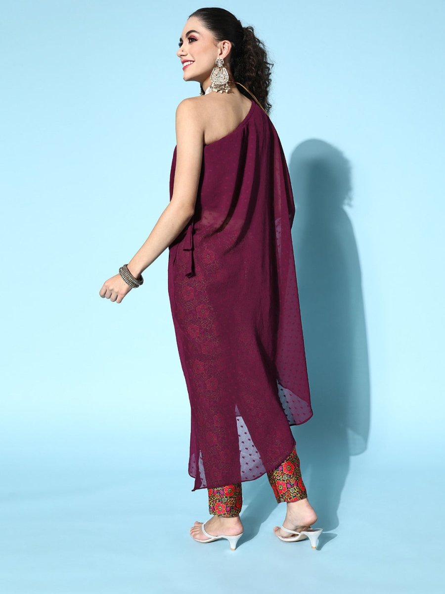 Women Burgundy Self Design Dobby Weave Fusion Kurta with Trousers - Inddus.com