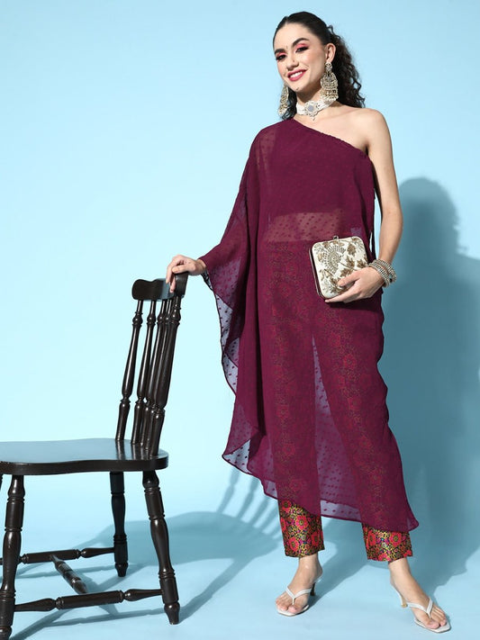 Women Burgundy Self Design Dobby Weave Fusion Kurta with Trousers - Inddus.com