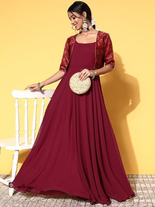 Women Charming Maroon Georgette Spaghetti Straps Ethnic Dress - Inddus.com