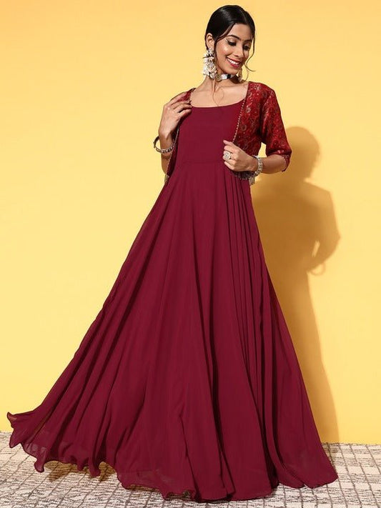 Women Charming Maroon Georgette Spaghetti Straps Ethnic Dress - Inddus.com