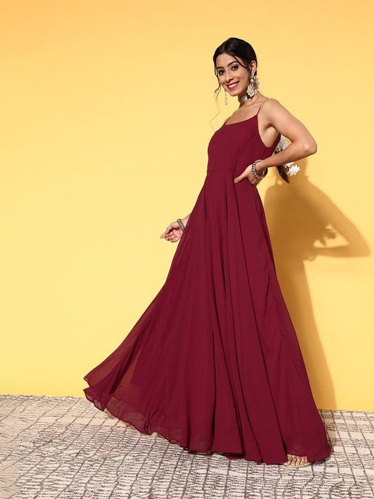 Women Charming Maroon Georgette Spaghetti Straps Ethnic Dress - Inddus.com