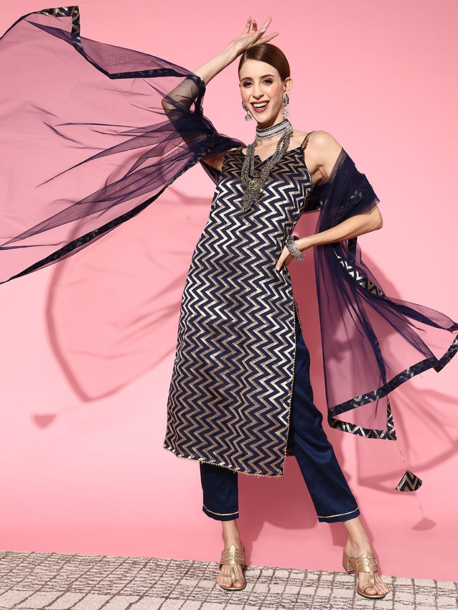 Women Chevron Silk Blend Ethereal Embroidery Kurta Set - Inddus.com