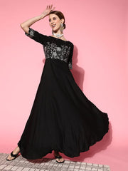 Women Classic Black Floral Ethereal Embroidery Dress - Inddus.com