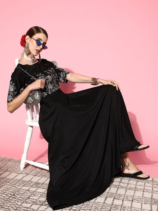 Women Classic Black Floral Ethereal Embroidery Dress - Inddus.com