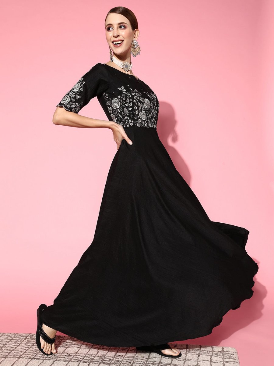 Women Classic Black Floral Ethereal Embroidery Dress - Inddus.com