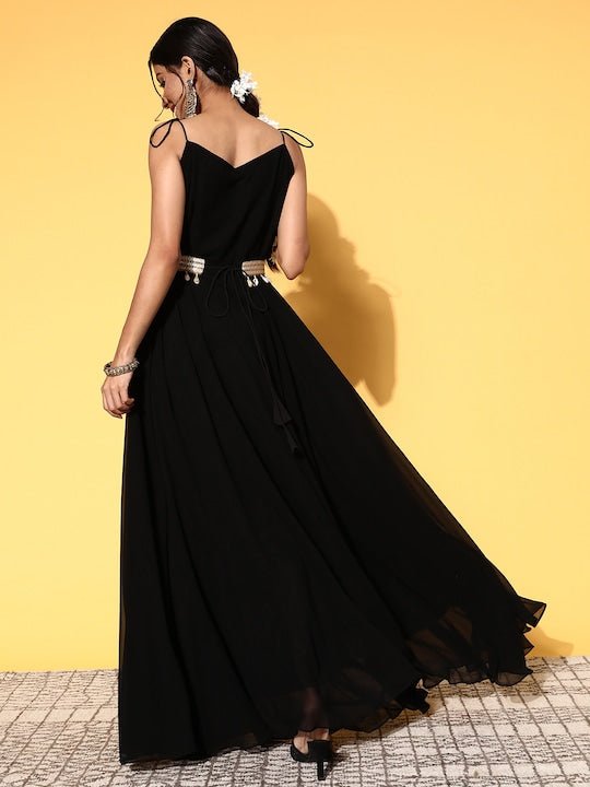 Women Classy Black Georgette Belted Detail Ethnic Dress - Inddus.com