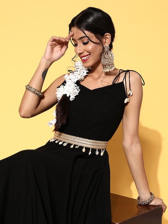 Women Classy Black Georgette Belted Detail Ethnic Dress - Inddus.com